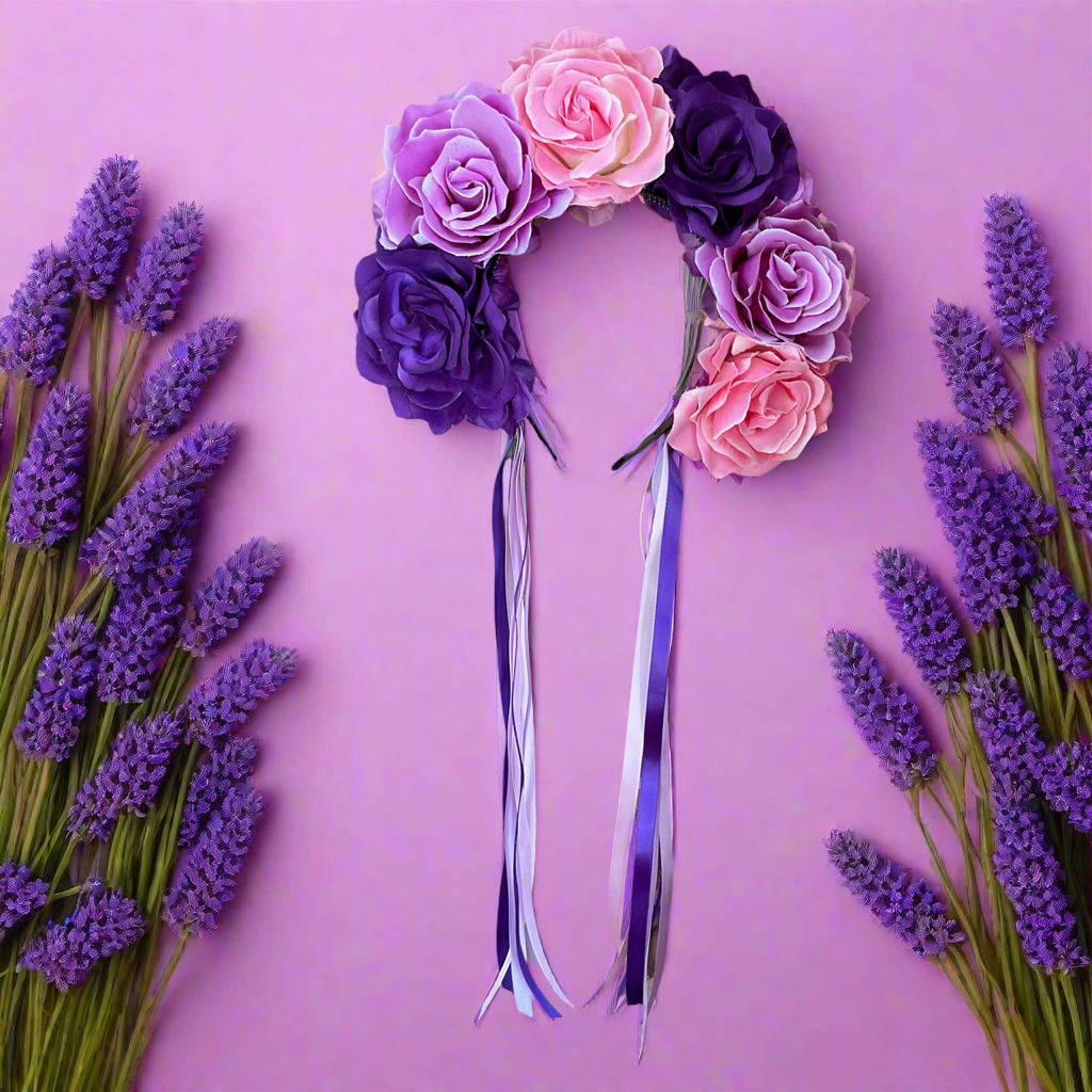 AURORA - rose flower crown with ribbons - purple lilac & pink