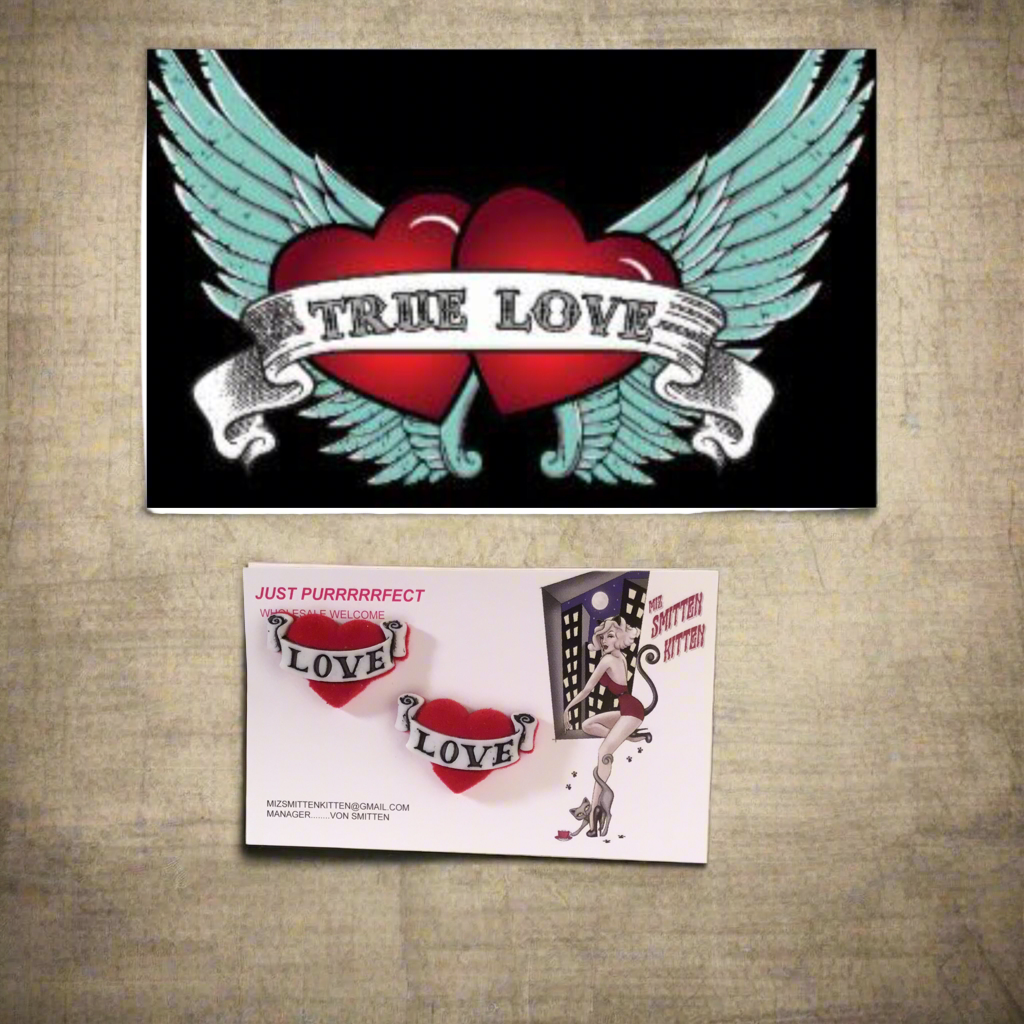 REBEL TRUE LOVE - flocked tattoo banner heart earrings