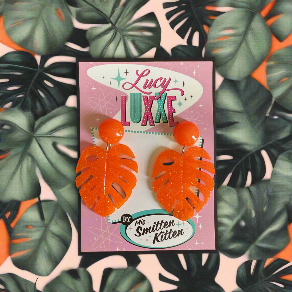 MISS KATE tiki queen - monstera leaf earrings - Orange