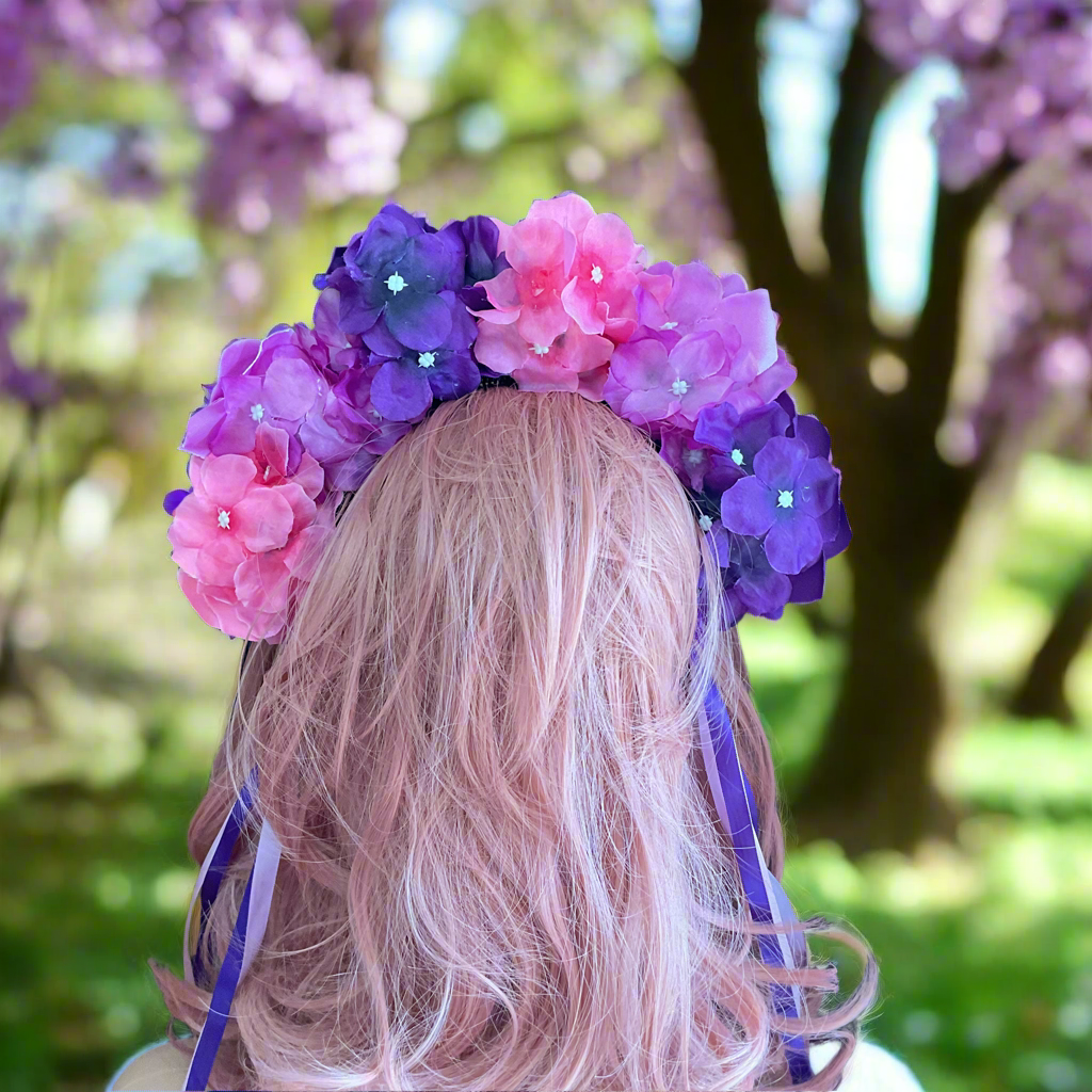 AURORA - rose flower crown with ribbons - purple lilac & pink