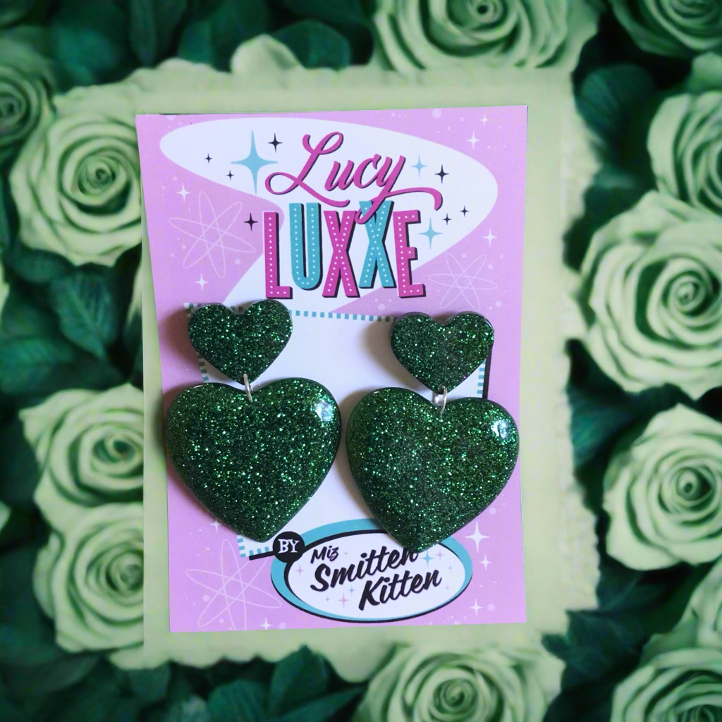 QUEEN OF HEARTS - glitter heart earrings - Green