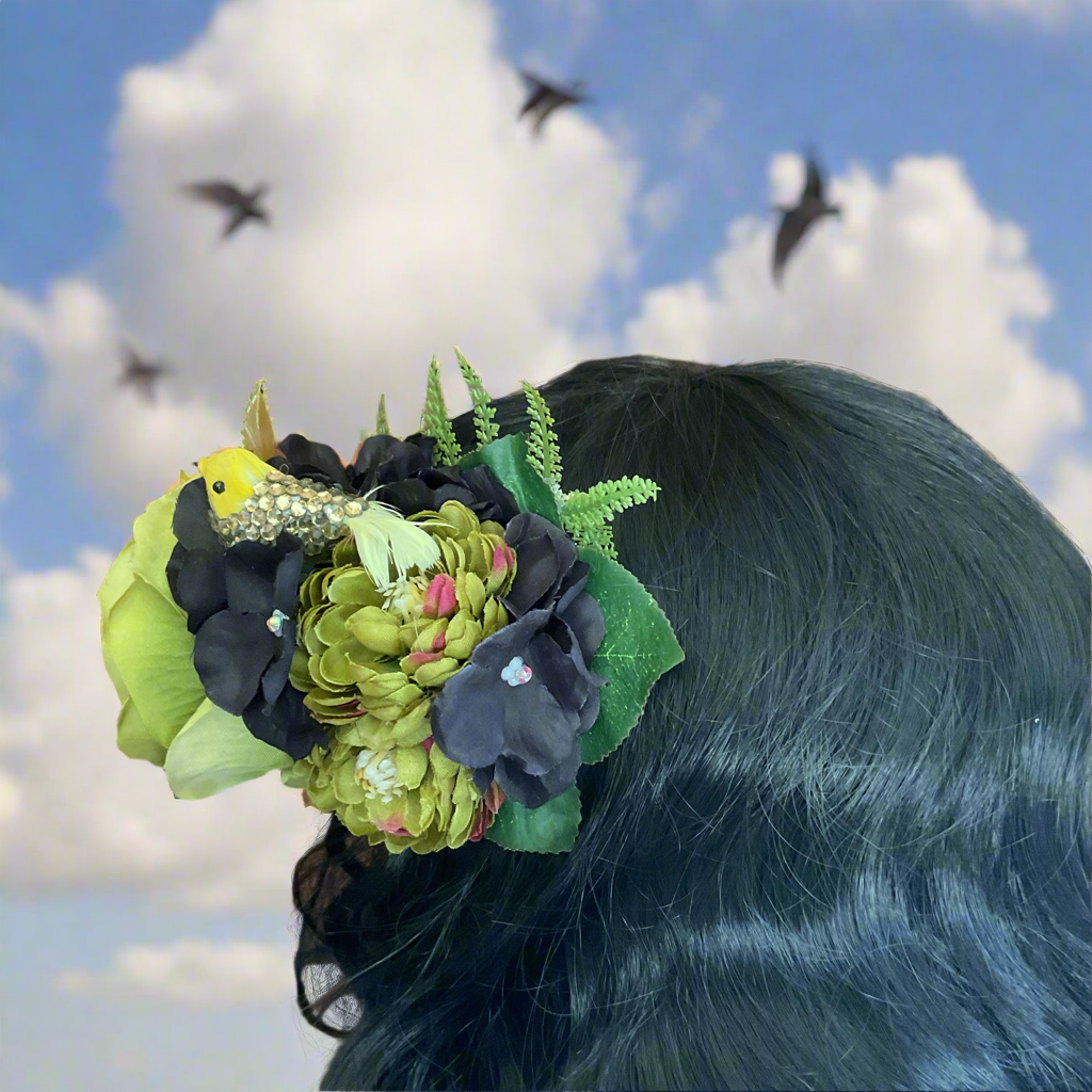 BIRDIE - hair flower cluster - green and black - cute AB crystal bird