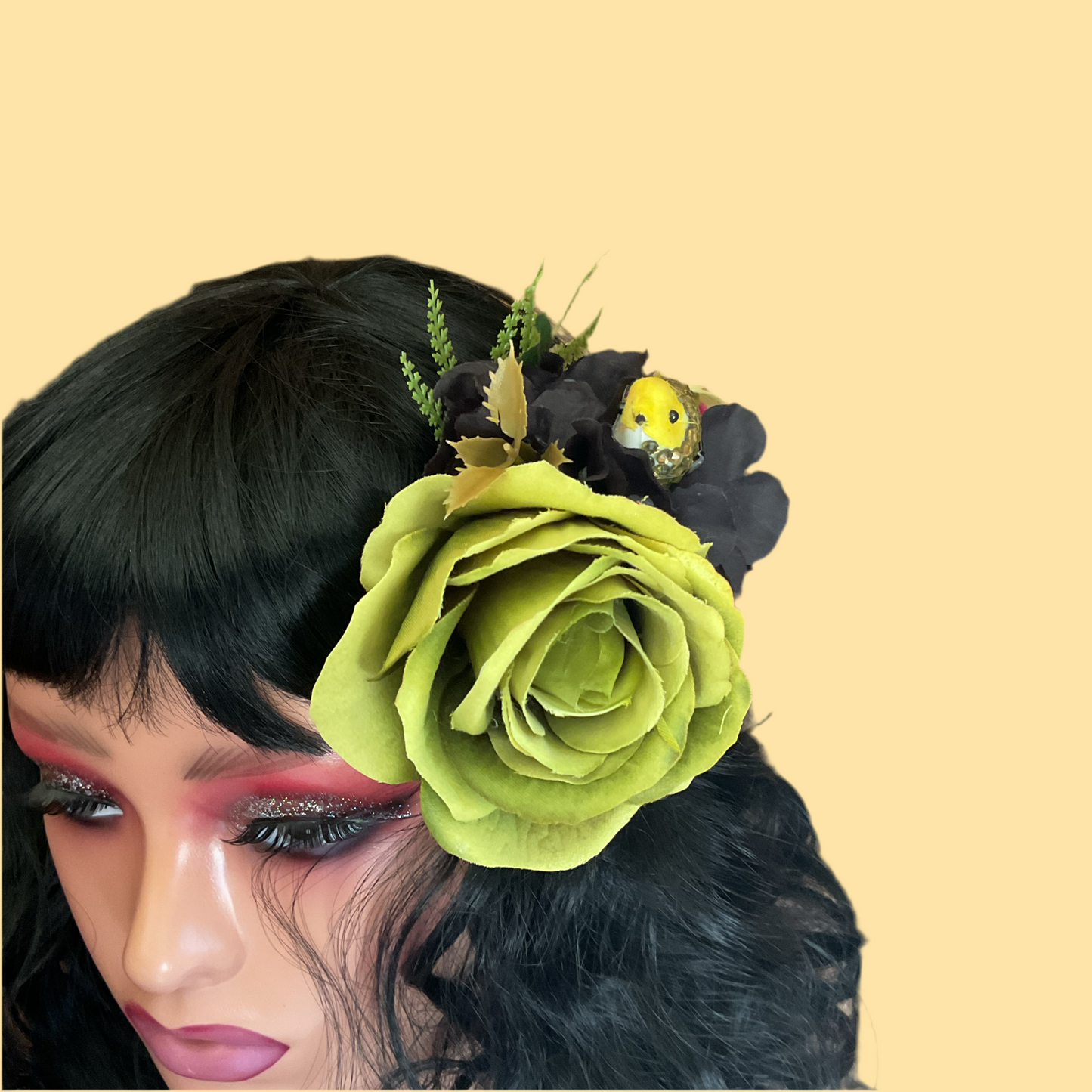 BIRDIE - hair flower cluster - green and black - cute AB crystal bird