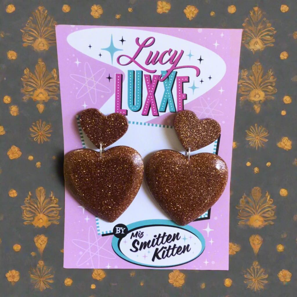 QUEEN OF HEARTS - glitter heart earrings - Bronze
