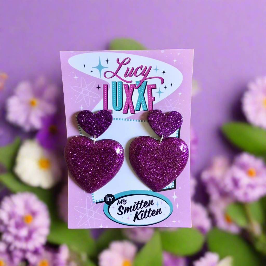 QUEEN OF HEARTS - glitter heart earrings - Purple