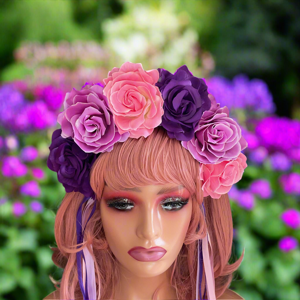 AURORA - rose flower crown with ribbons - purple lilac & pink