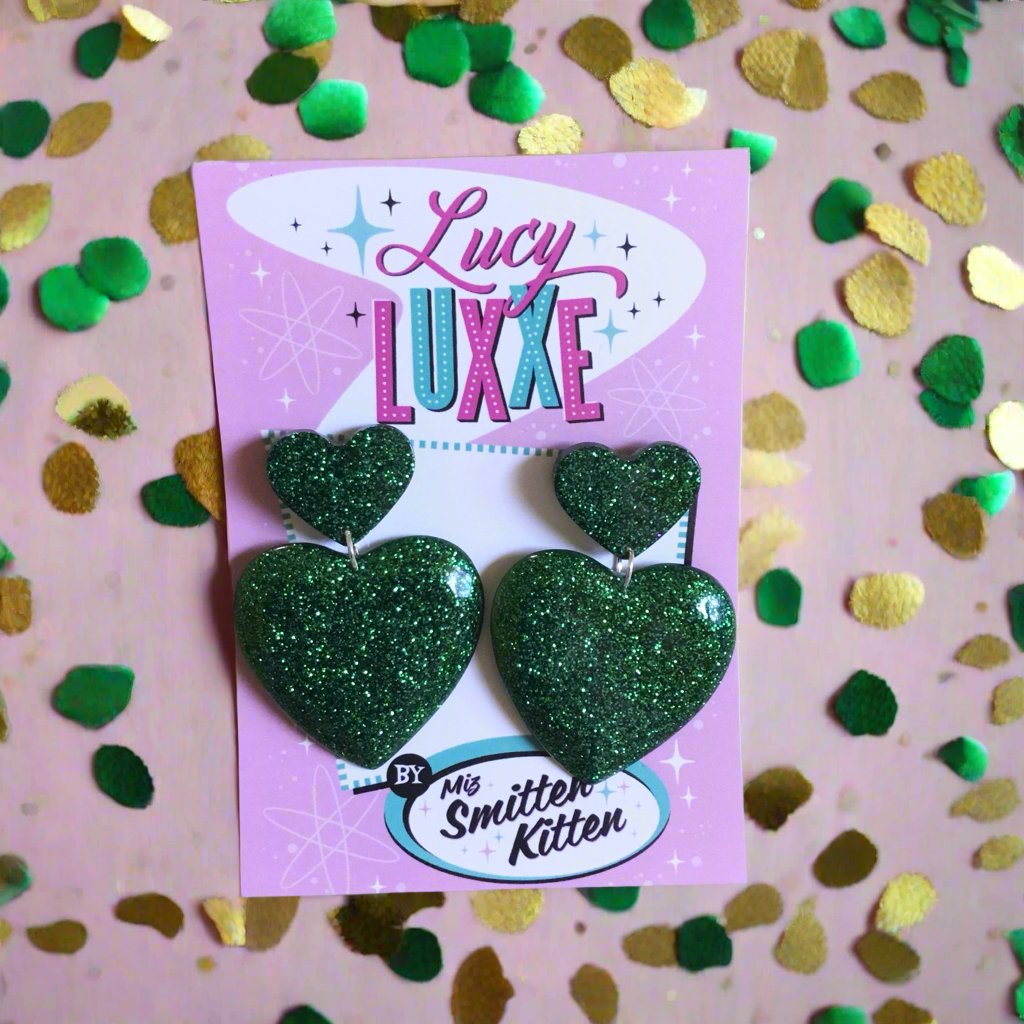 QUEEN OF HEARTS - glitter heart earrings - Green