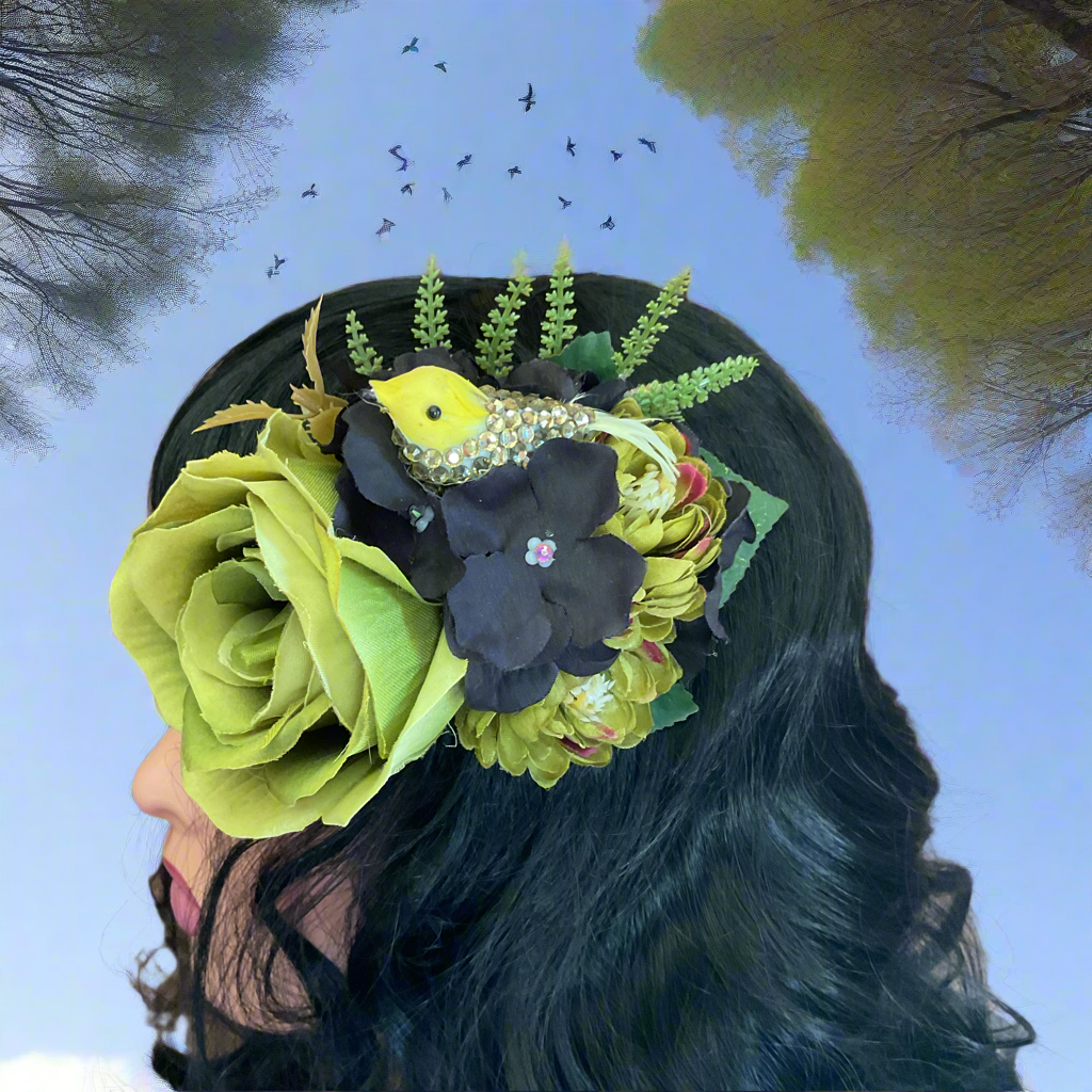 BIRDIE - hair flower cluster - green and black - cute AB crystal bird
