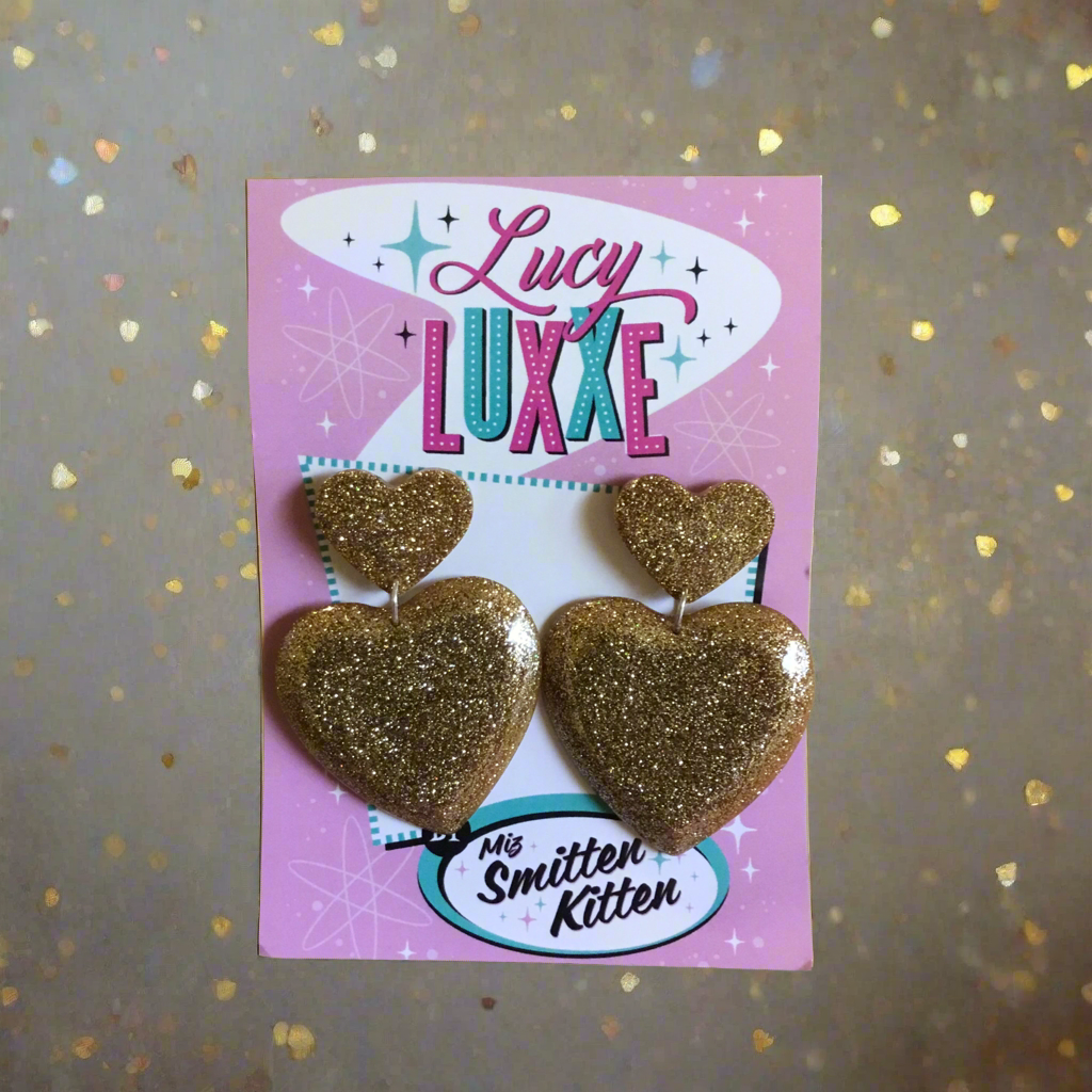 QUEEN OF HEARTS - glitter heart earrings - Gold
