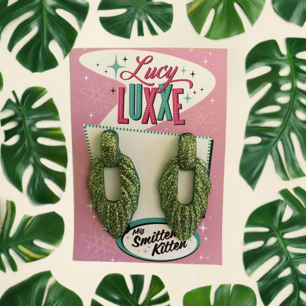 NALANI - tiki lounge earrings - green / gold glitter