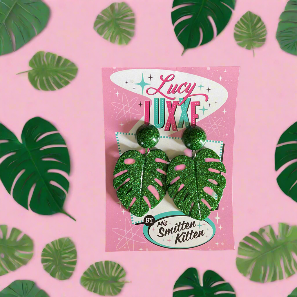 MISS KATE tiki queen - monstera leaf earrings - Green glitter