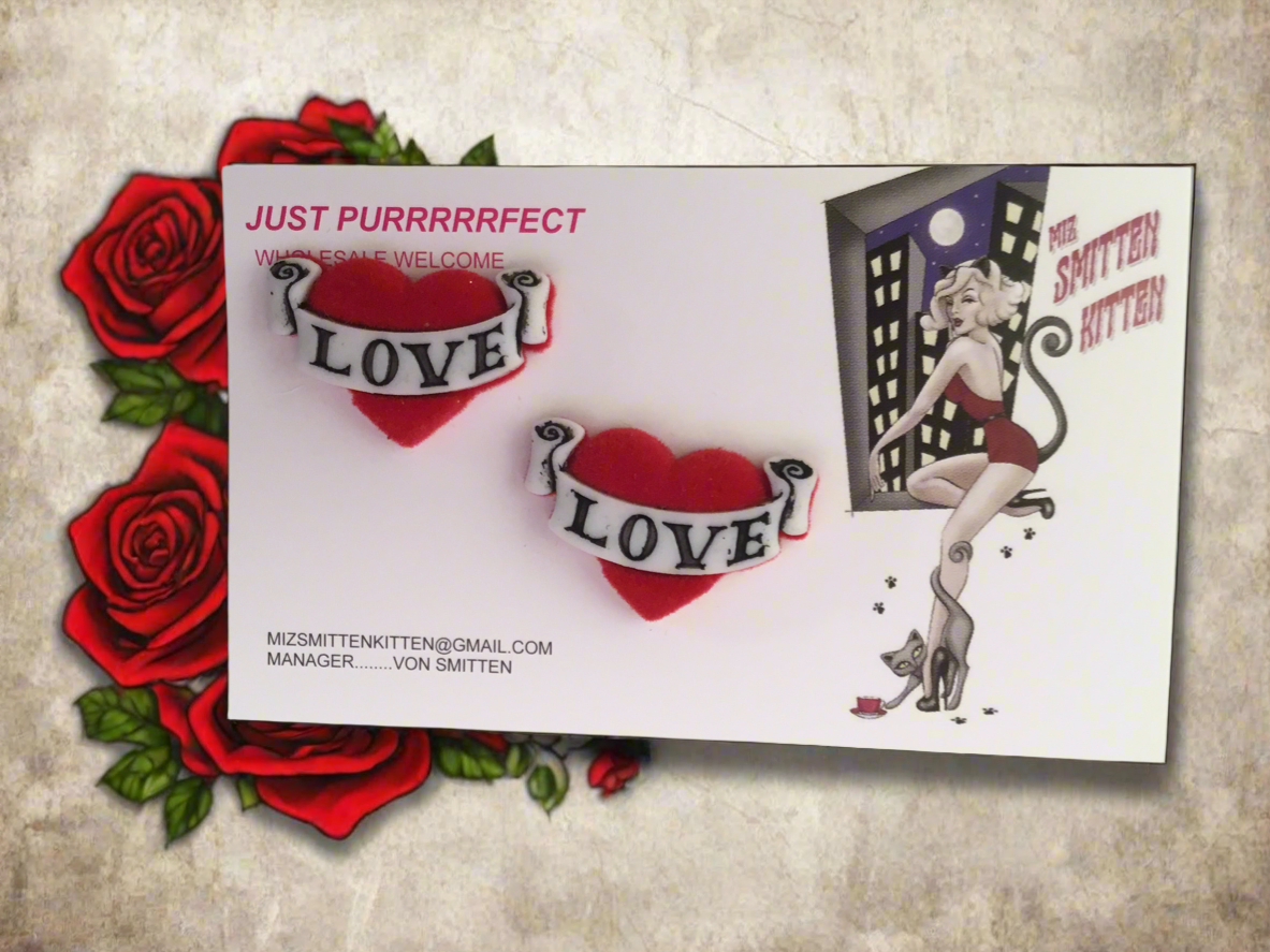 REBEL TRUE LOVE - flocked tattoo banner heart earrings