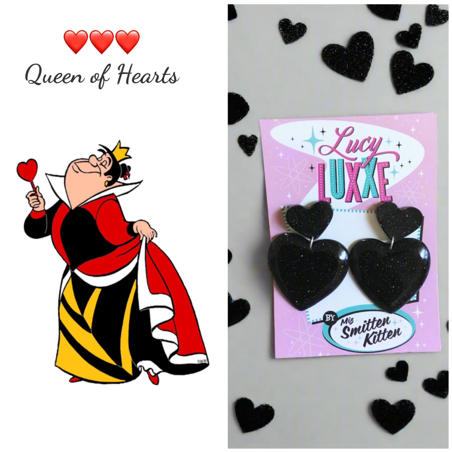 QUEEN OF HEARTS - glitter heart earrings - Black