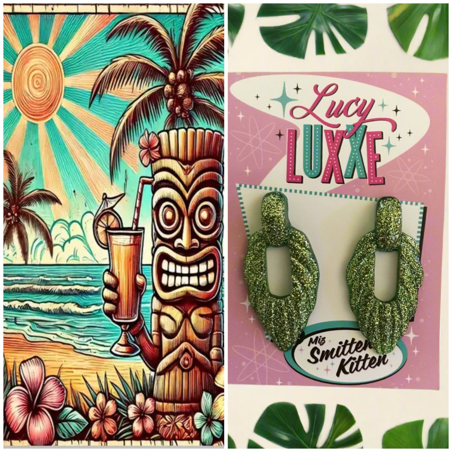 NALANI - tiki lounge earrings - green / gold glitter
