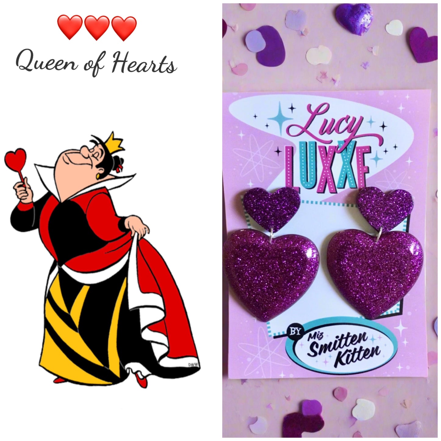 QUEEN OF HEARTS - glitter heart earrings - Purple