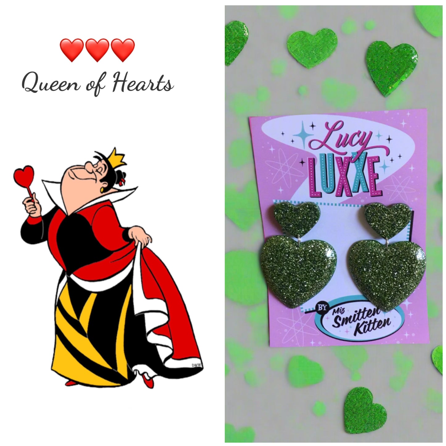 QUEEN OF HEARTS - glitter heart earrings - Green / gold