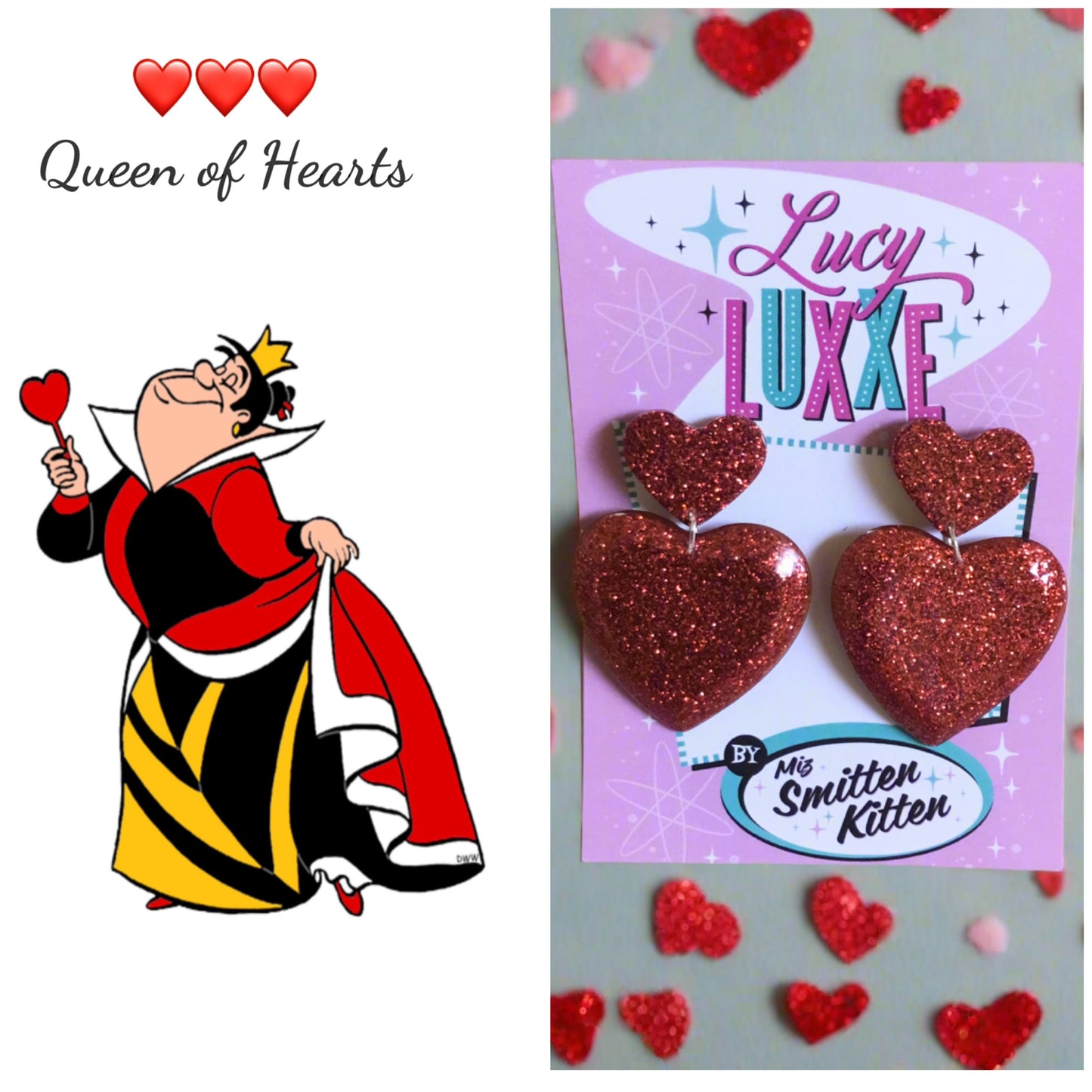 QUEEN OF HEARTS - glitter heart earrings - Red