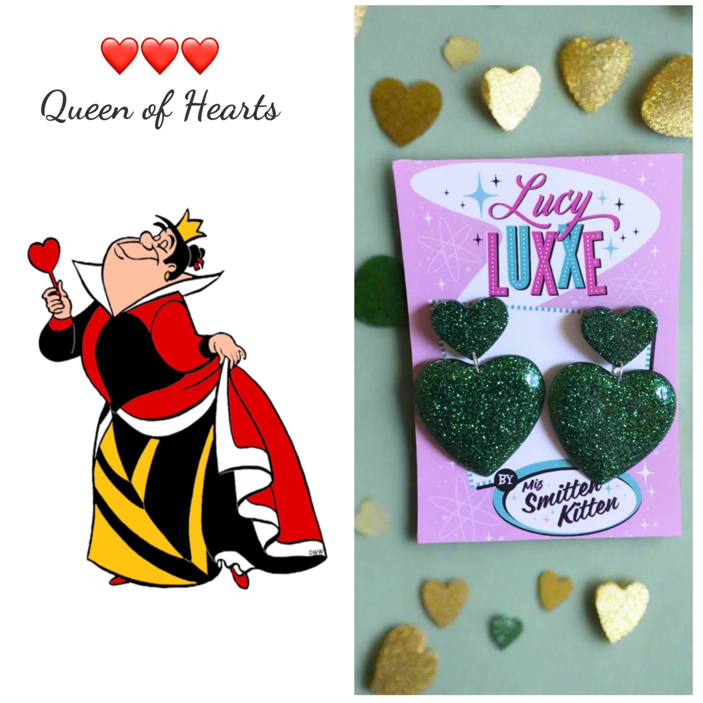QUEEN OF HEARTS - glitter heart earrings - Green