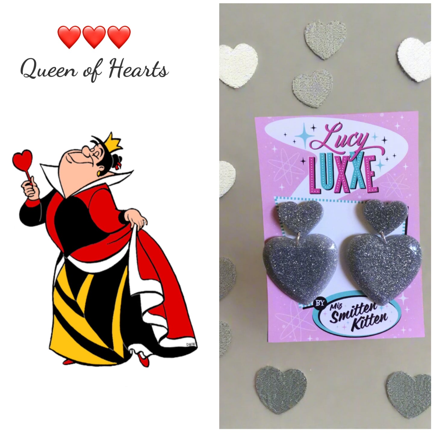 QUEEN OF HEARTS - glitter heart earrings - Silver