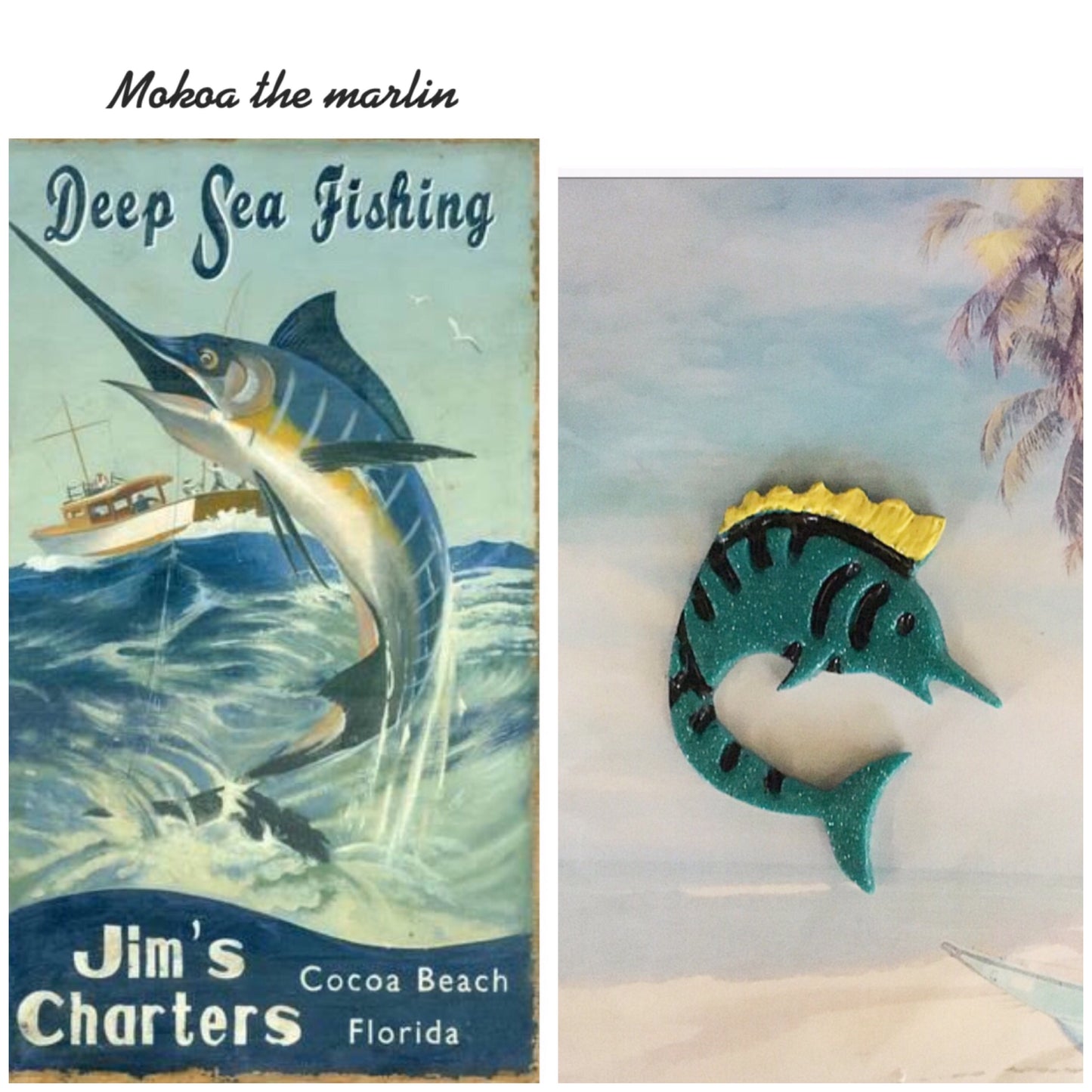 MOKOA - the marlin brooch - teal and yellow