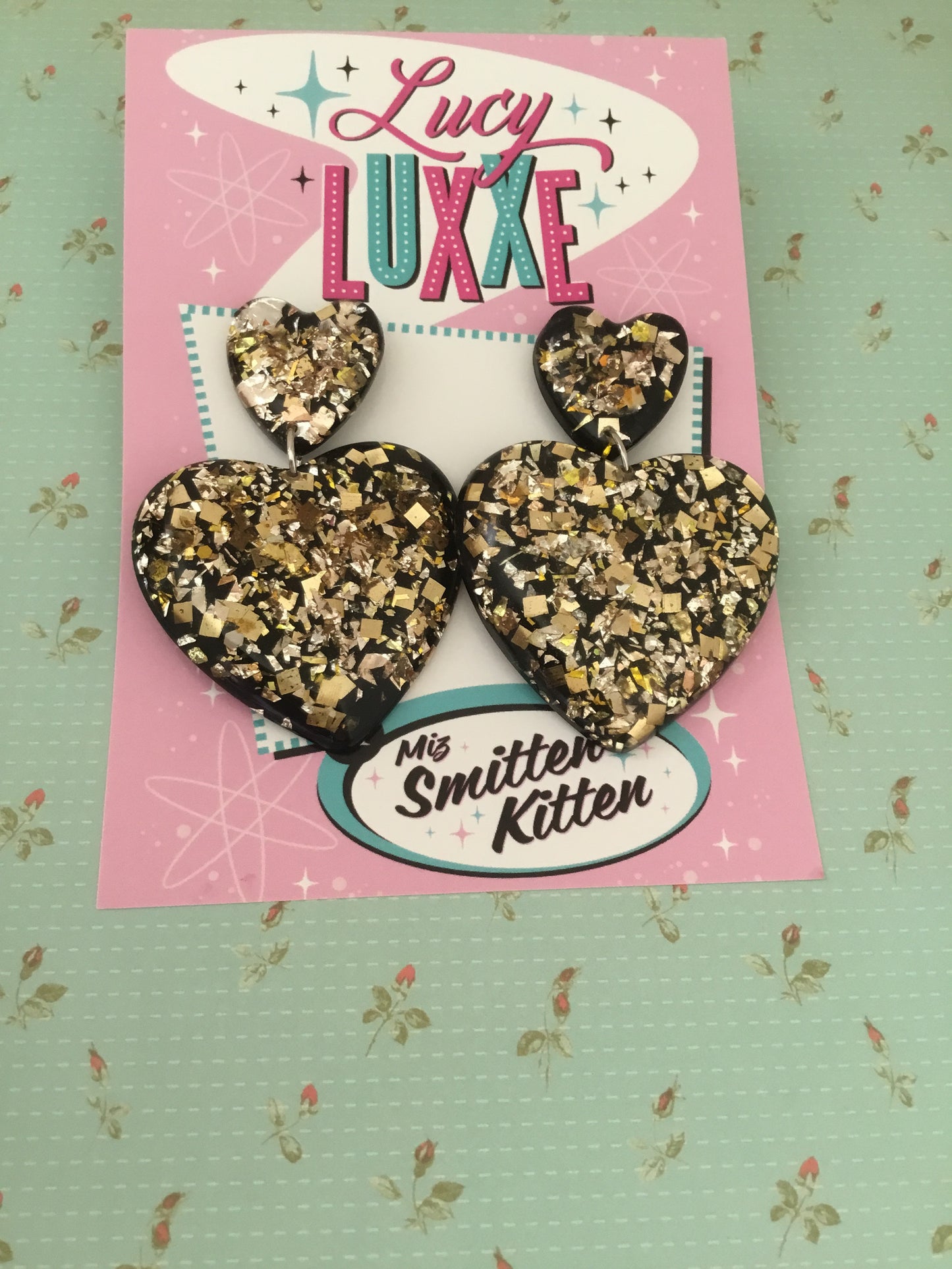 JAYNE - QUEEN OF HEARTS - gold confetti heart earrings - Black