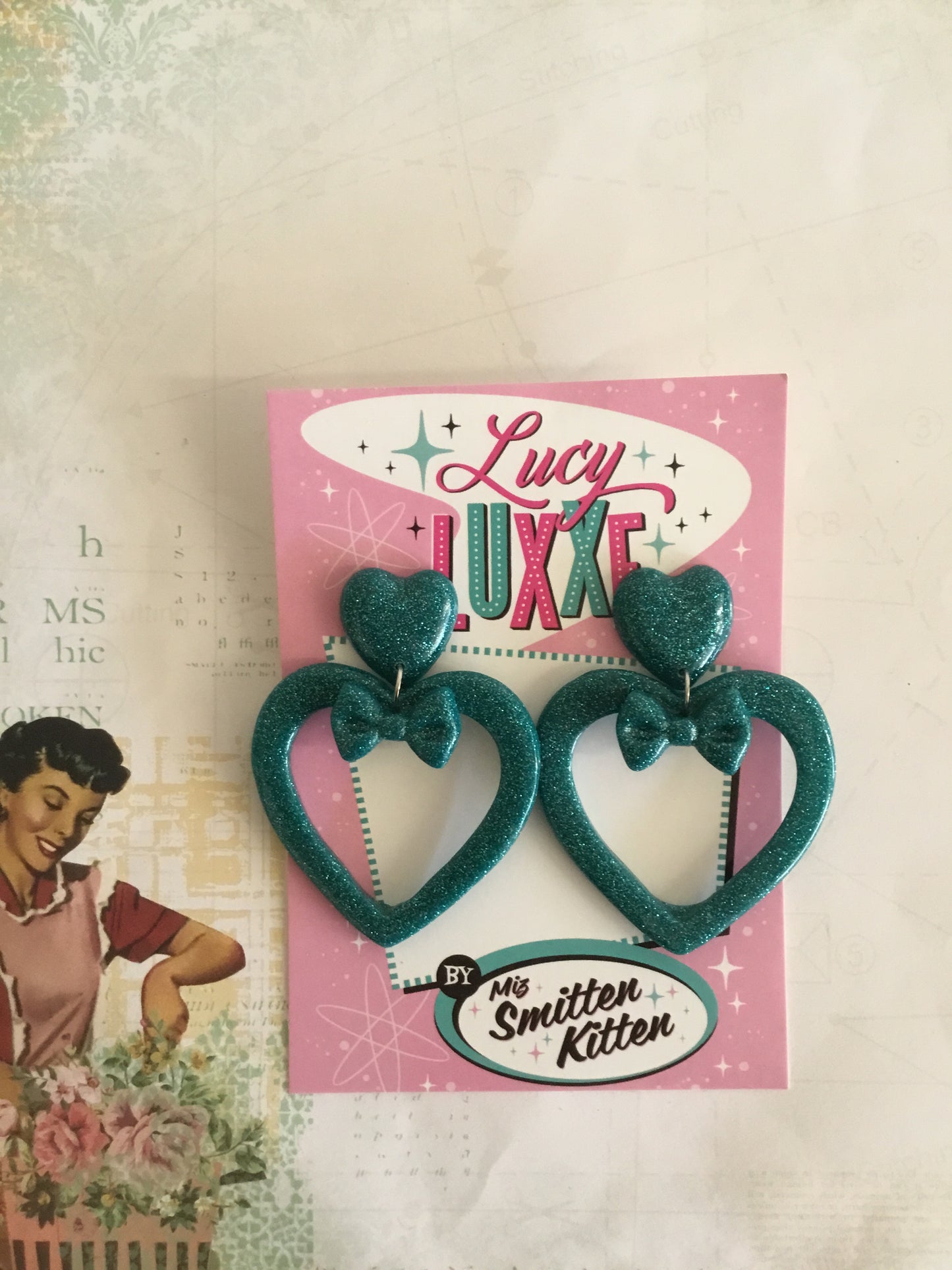 LUCILLE - love yourself heart earrings / bow - TEAL
