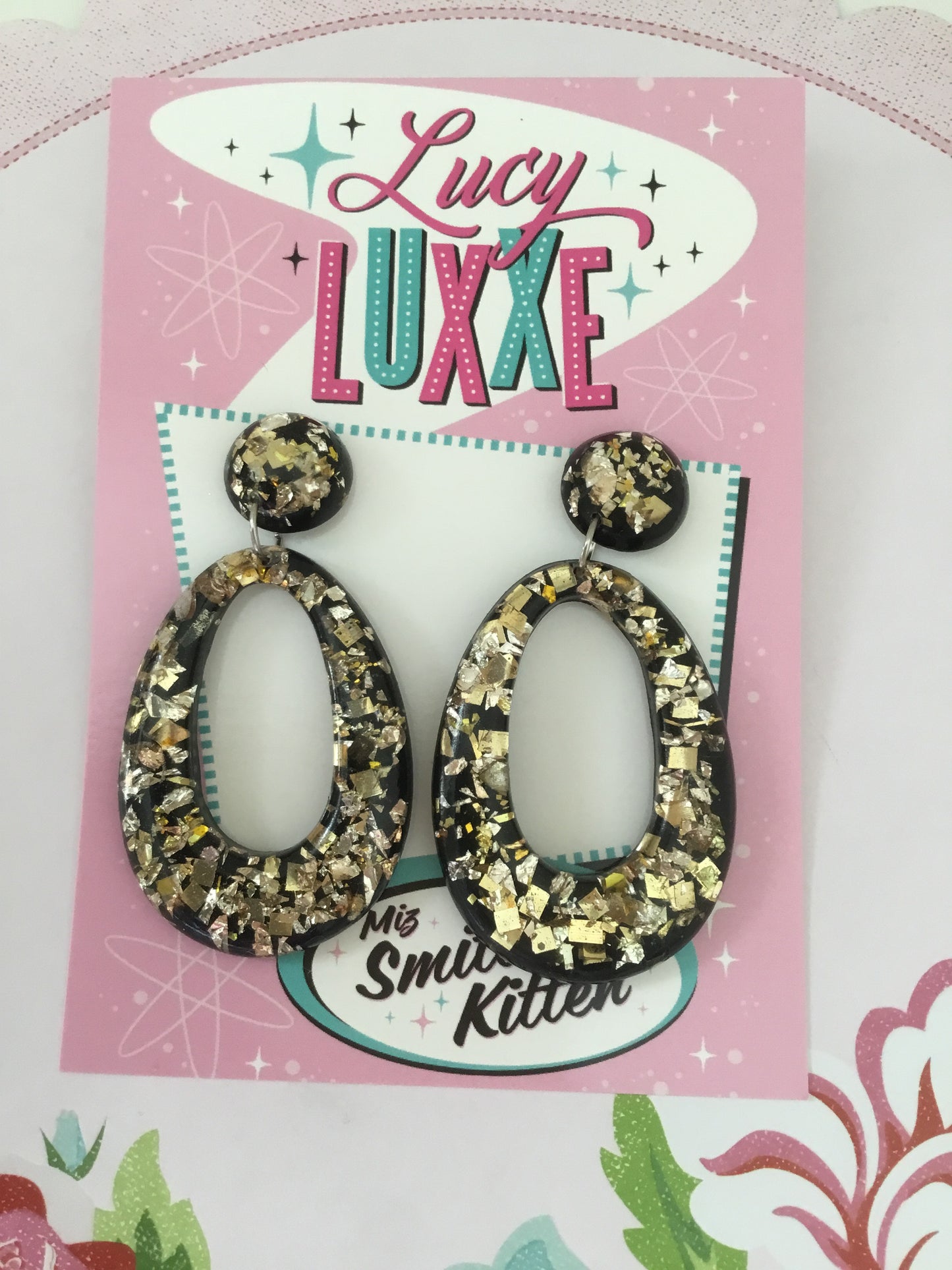 BIG BETTY - gold confetti lucite hoops - BLACK
