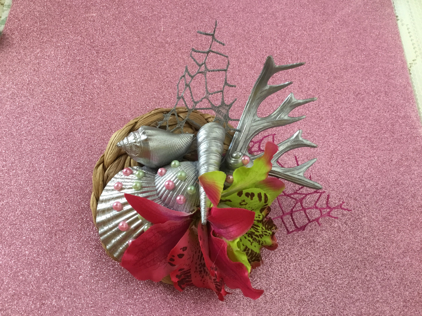 MERMAID COVE - bespoke shell cluster fascinator - hot pink / green orchids