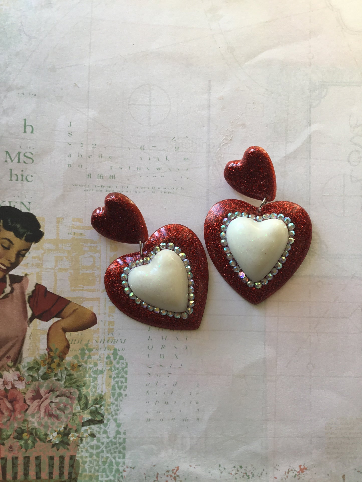 ELIZABETH - Double heart earrings - red / white