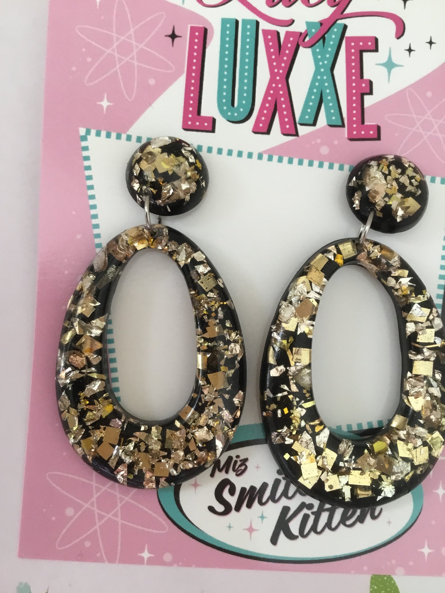 BIG BETTY - gold confetti lucite hoops - BLACK