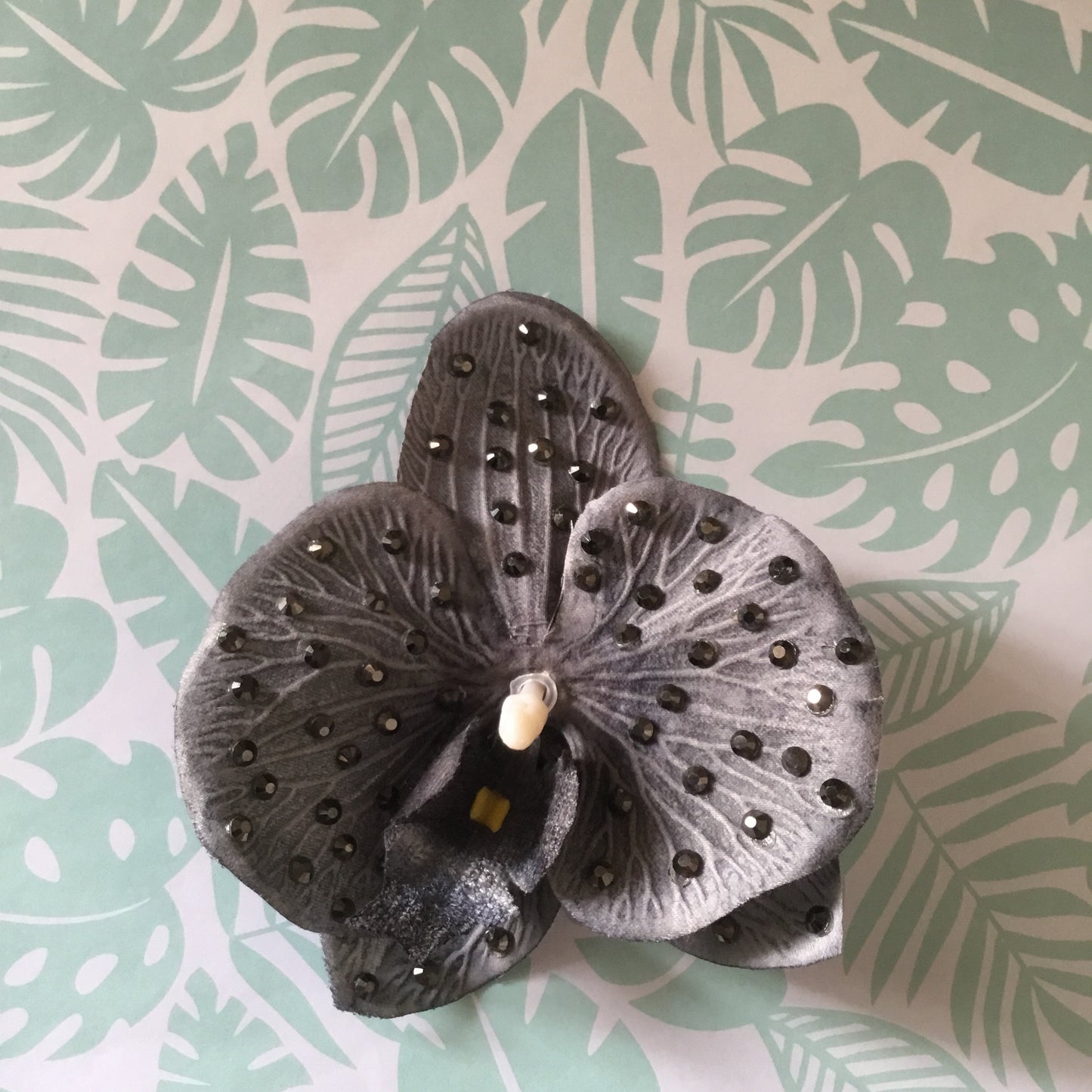 Beautiful AB rhinestone orchid clip - slate grey