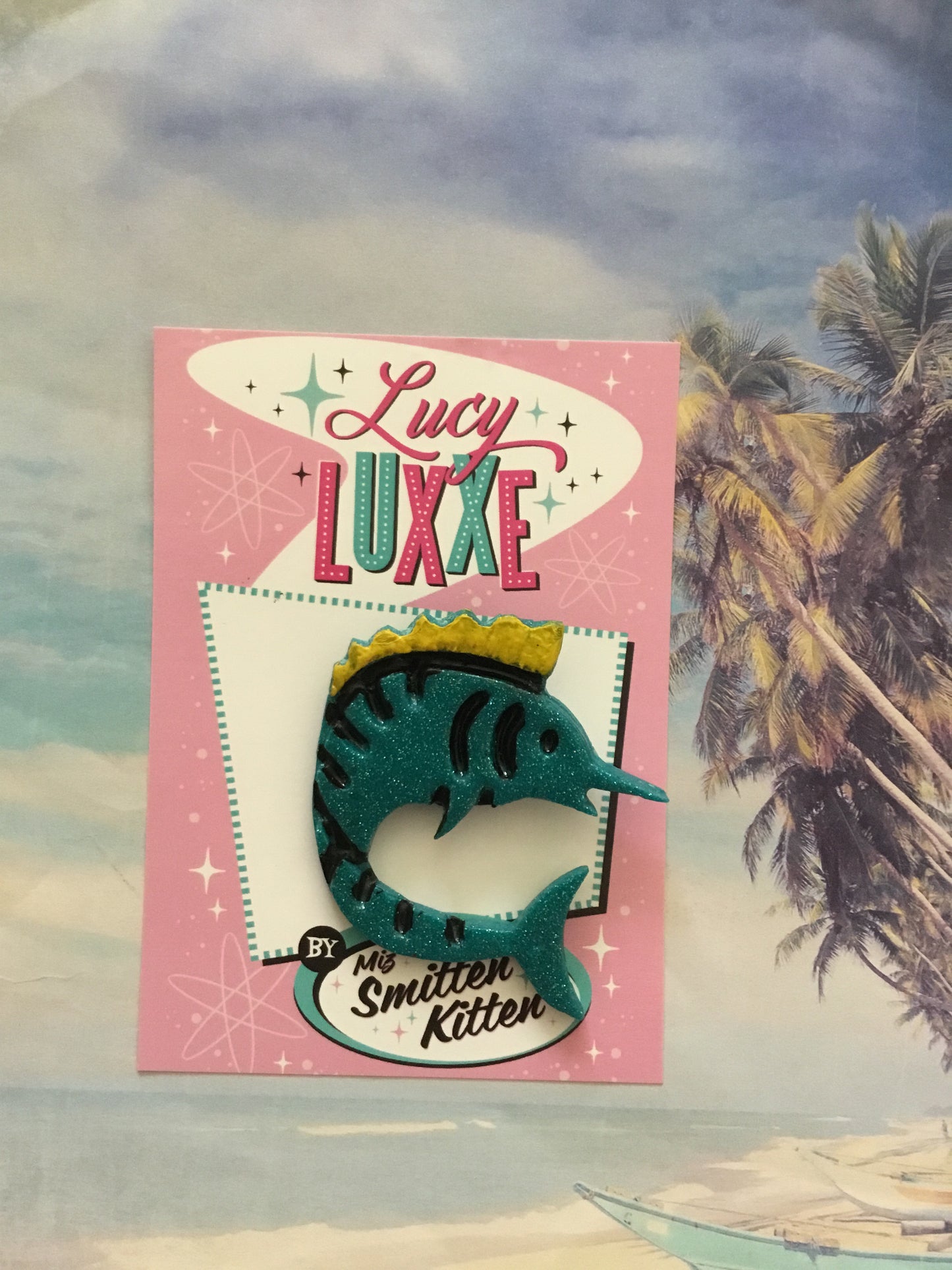 MOKOA - the marlin brooch - teal and yellow