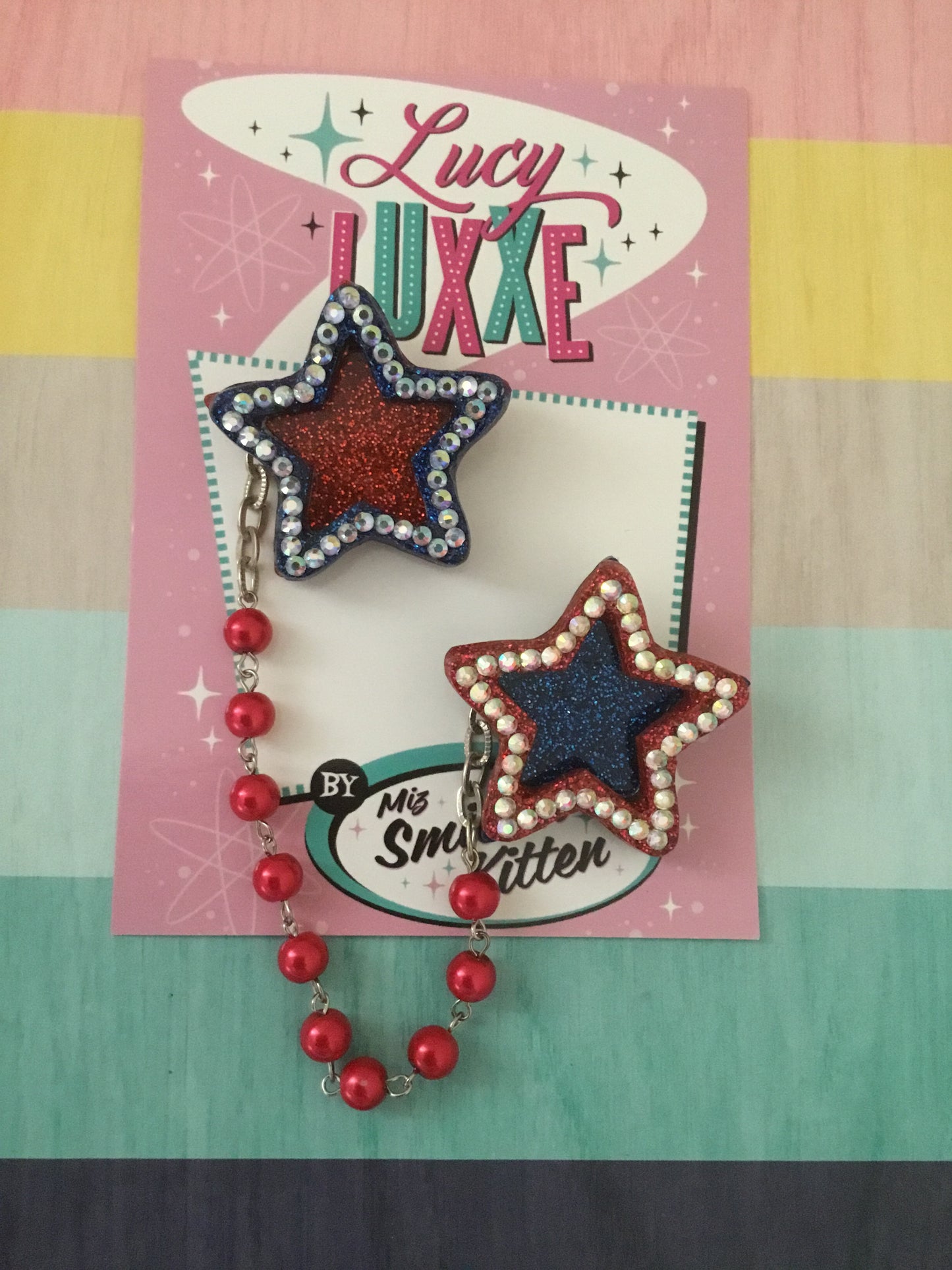 SHOOTING STAR - double star brooch - blue / red