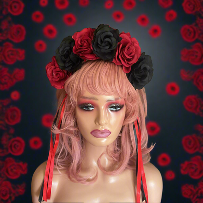 LAVINA - rose flower crown with ribbons - black & red