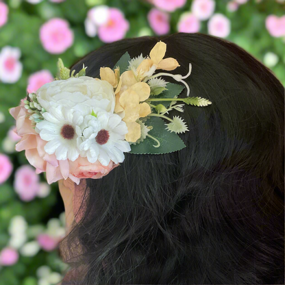 JULIA - hair flower cluster - pink white & lemon