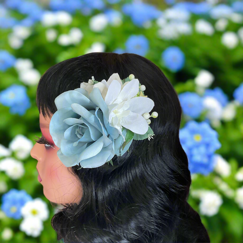 AMY - hair flower cluster - light blue & white