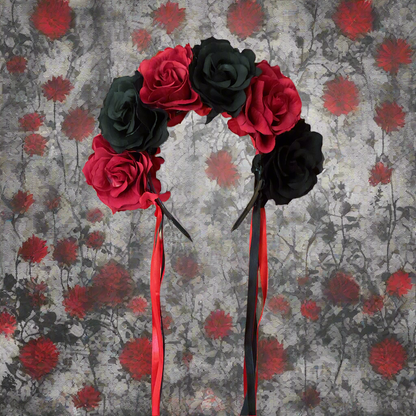 LAVINA - rose flower crown with ribbons - black & red