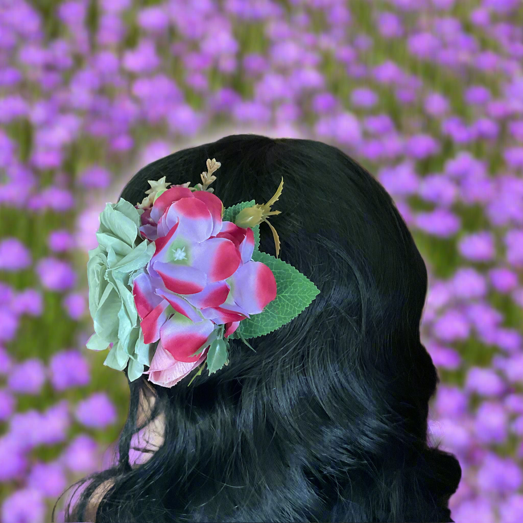 MARIE - hair flower cluster - green & purple