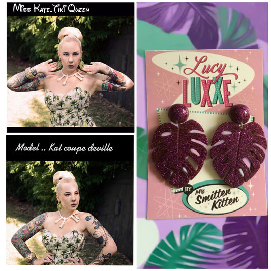 MISS KATE tiki queen - monstera leaf earrings - Purple glitter