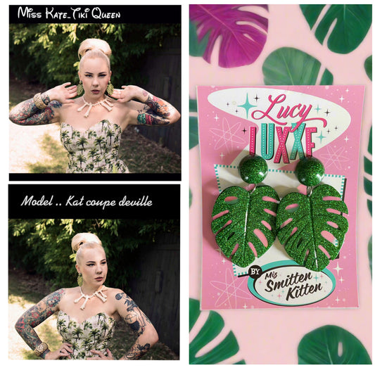 MISS KATE tiki queen - monstera leaf earrings - Green glitter