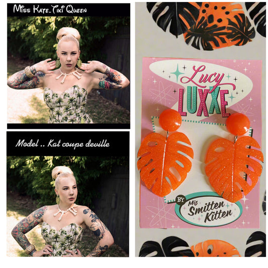 MISS KATE tiki queen - monstera leaf earrings - Orange