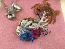 Load image into Gallery viewer, MERMAID COVE - bespoke shell cluster fascinator - blue / purple orchids
