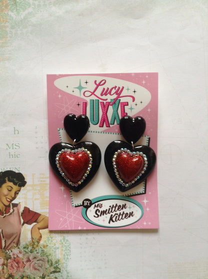 ELIZABETH - Double heart earrings - black / red