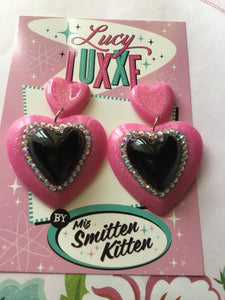 ELIZABETH - Double heart earrings - hot pink / black