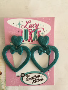 LUCILLE - love yourself heart earrings / bow - TEAL