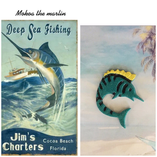 MOKOA - the marlin brooch  - teal and yellow
