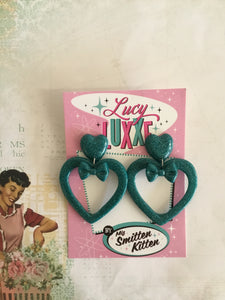 LUCILLE - love yourself heart earrings / bow - TEAL