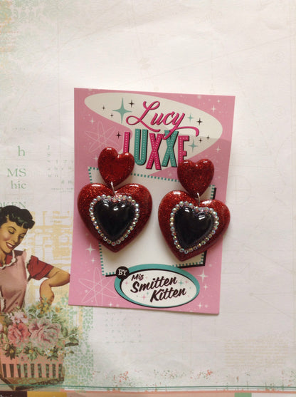 ELIZABETH - Double heart earrings - red / black