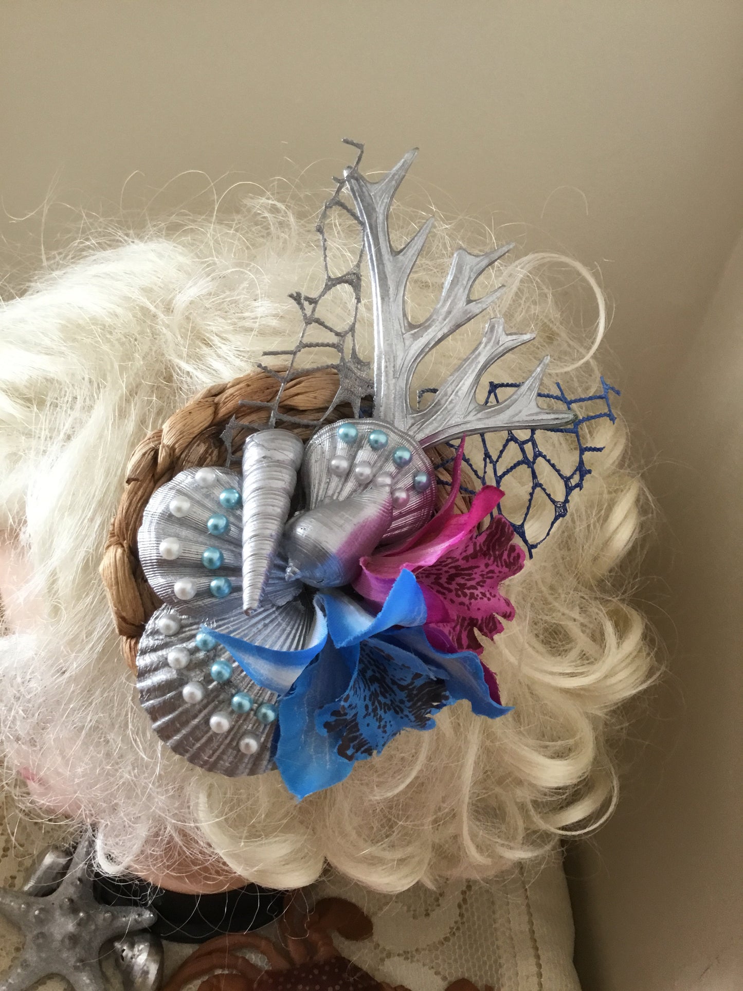 MERMAID COVE - bespoke shell cluster fascinator - blue / purple orchids