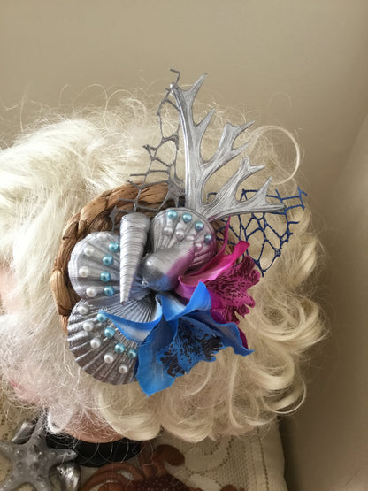 MERMAID COVE - bespoke shell cluster fascinator - blue / purple orchids